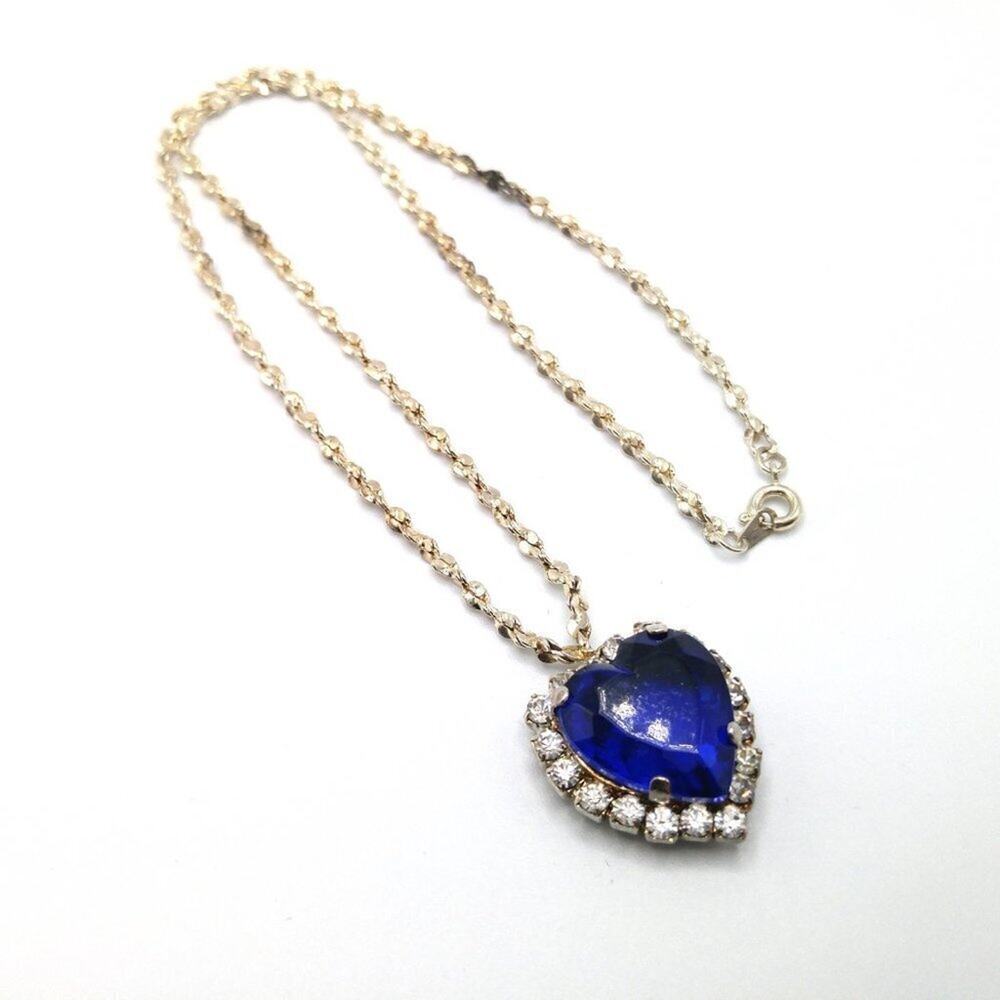Vintage Blue Heart Pendant Necklace, Signed BC Lind 1998, Clear Rhinestones, 17" - Picture 6 of 11
